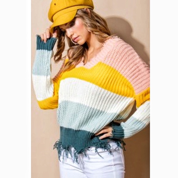 Spring ColorBlock Frayed Oversized Slouchy Sweater - Picture 5 of 9